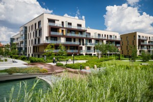 Public view of eco friendly block of flats in the green park